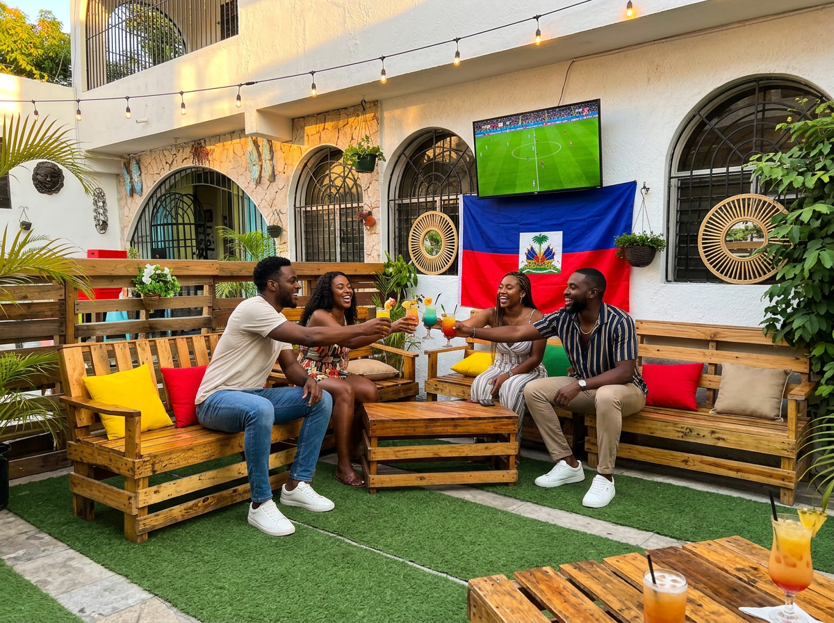 Amis trinquent des cocktails devant un match au Ferrari Sport Bar